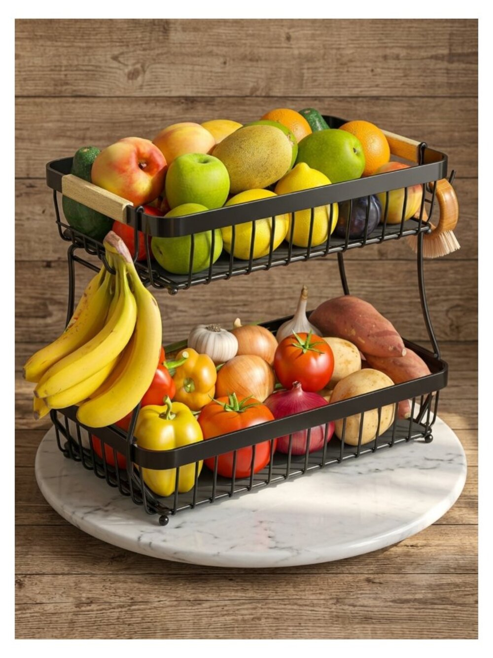 2-Tier Detachable Metal Fruit Basket with Banana Hangers